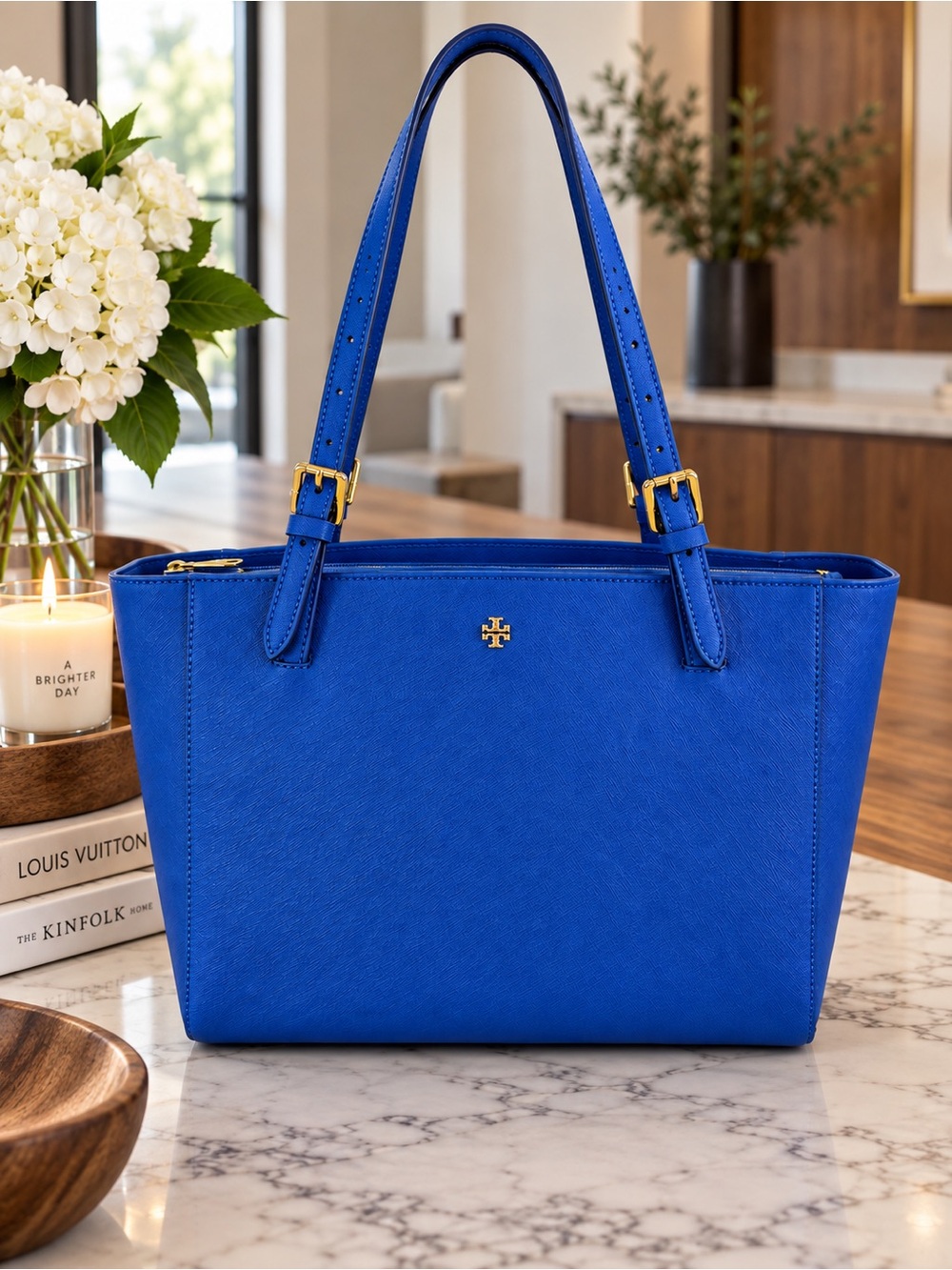 Tory Burch Electric Blue Leather Tote with Gold Hardware